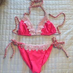 Beach Bunny Hot Pink/Coral Bikini with White Lace